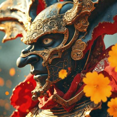 The primary subject of the image is a person wearing a gold and red costume, which includes a helmet and a red cape. The setting is a flower-filled field, with the person standing in the middle of the flowers. The visual style appears to be a combination of digital art and illustration, creating a unique and eye-catching scene. The colors in the image are predominantly gold and red, giving the scene a warm and vibrant atmosphere.